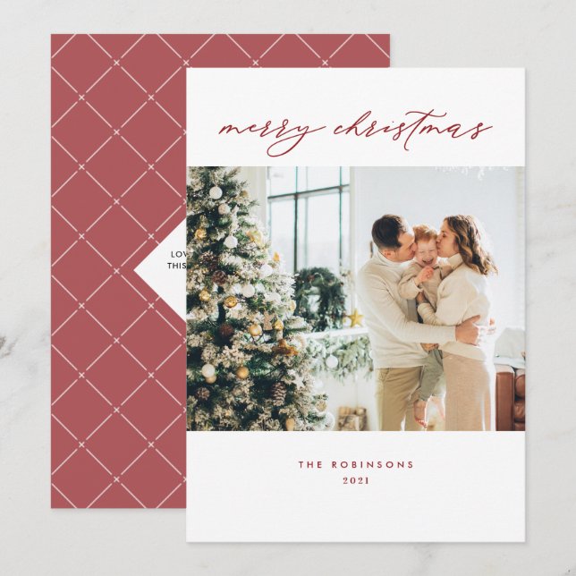 Cartes Pour Fêtes Annuelles Simple Script Rouge Blanc Joyeux Noël Photo (Devant / Derrière)