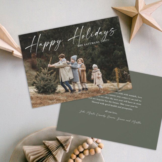 Cartes Pour Fêtes Annuelles Simple texte manuscrit Photo Joyeux (A simple photo holiday card with handwritten Happy Holidays script typographic overlay.)