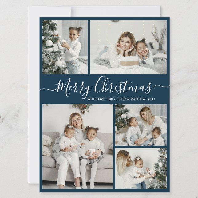 Cartes Pour Fêtes Annuelles Simple Turquoise Blanc 5 Photo Collage Noël (Devant)
