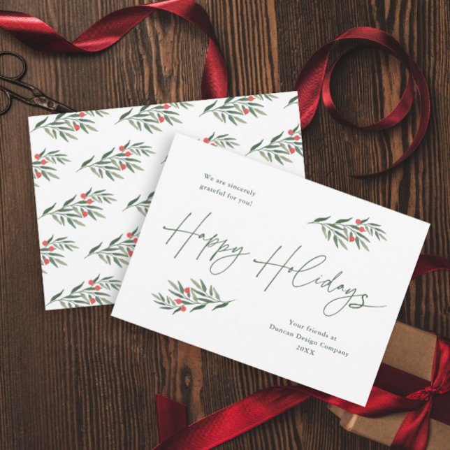 Cartes Pour Fêtes Annuelles Simple verdure Feuille (A simple script greenery leaves green and red business holiday card.)