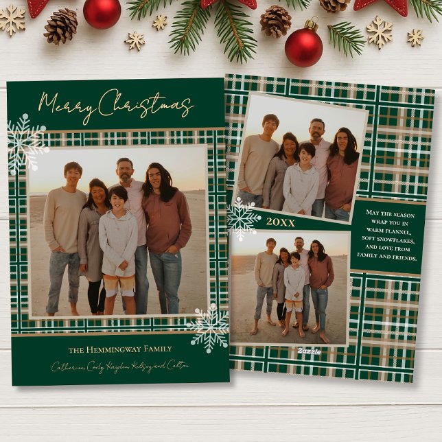 Cartes Pour Fêtes Annuelles Simplement Élégant Green Plaid Snowflakes Noël (Créateur téléchargé)