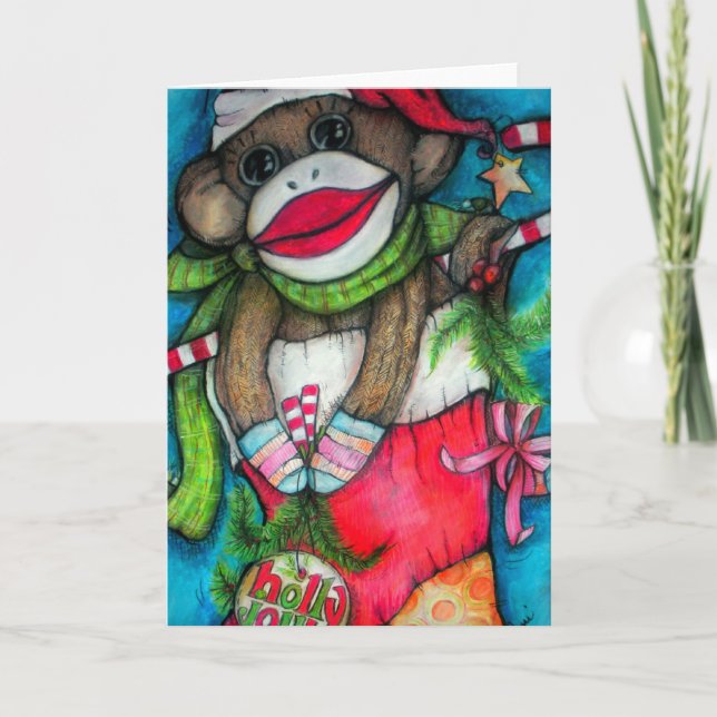 Cartes Pour Fêtes Annuelles Singe gai de chaussette de houx (Devant)