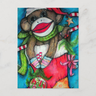 Cartes Pour Fêtes Annuelles Singe gai de chaussette de houx
