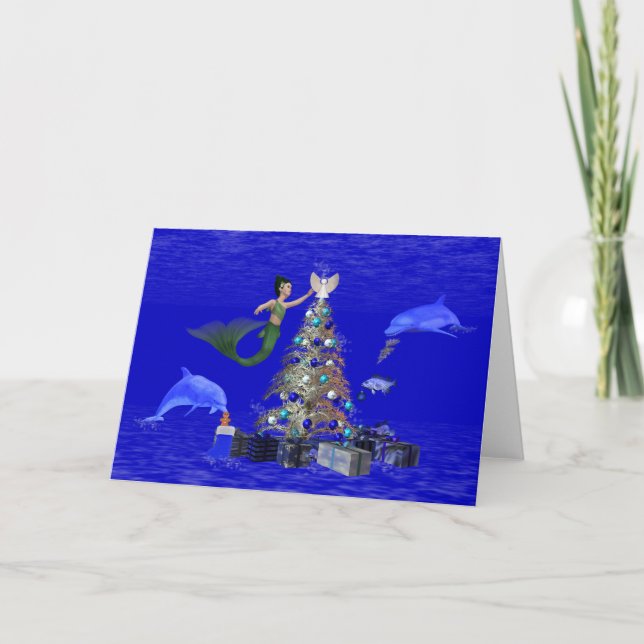 Cartes Pour Fêtes Annuelles Sirène décorant l'arbre de Noël (Devant)
