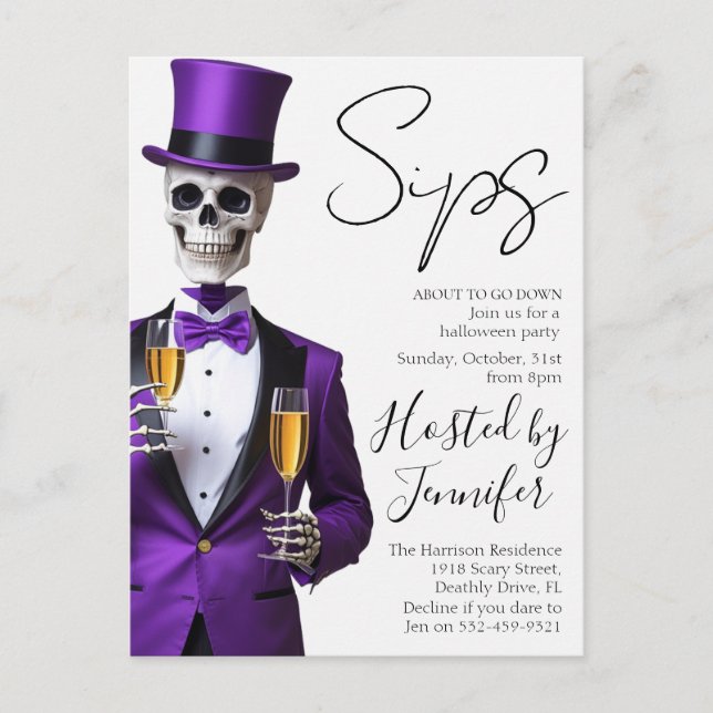 Cartes Pour Fêtes Annuelles Skeleton in Purple Halloween Party Invite (Devant)