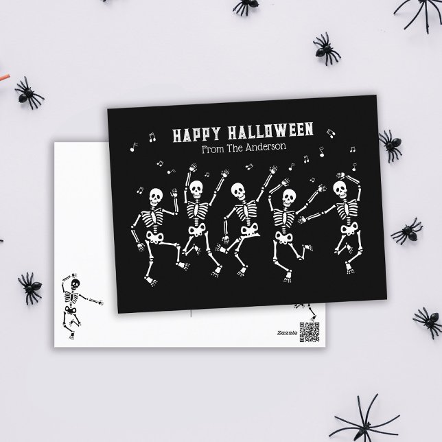 Cartes Pour Fêtes Annuelles Skeletones Dansants Amusants Halloween Noir Et Bla (Créateur téléchargé)