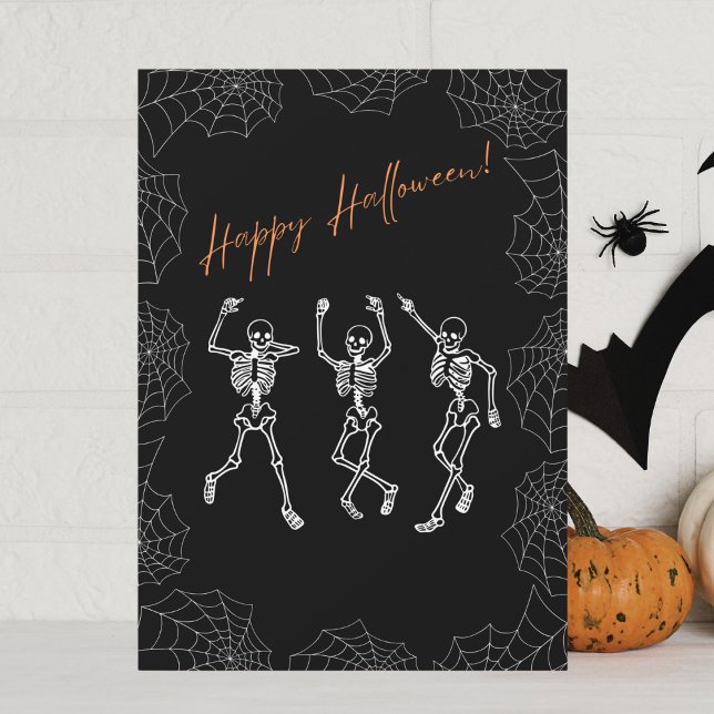 Cartes Pour Fêtes Annuelles Skeletons de danse orange noir blanc Halloween (Créateur téléchargé)