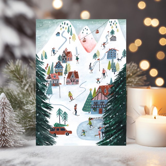 Cartes Pour Fêtes Annuelles Ski lodge nordique patinage Noël (Nordic ski lodge skating Christmas Holiday Card)