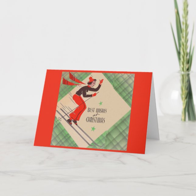Cartes Pour Fêtes Annuelles Skier de Noël des années 1950 (Devant)