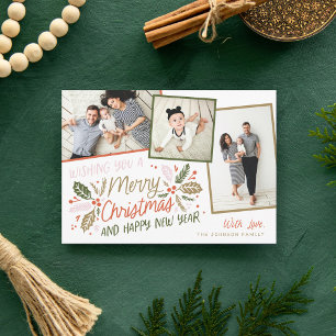 Cartes Pour Fêtes Annuelles Snapshot Holly vintage Tilted Multi-Photo Holiday
