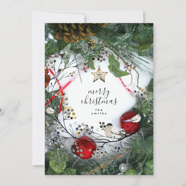 Cartes Pour Fêtes Annuelles Snow Pine Cones Holly Joyeux Noël non photo (Devant)