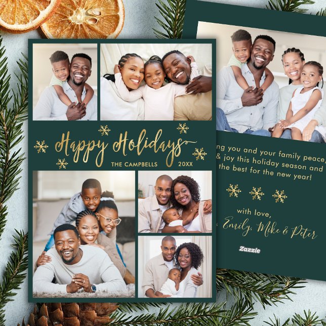 Cartes Pour Fêtes Annuelles Snowflake Green and Gold 5 Photo Collage Christmas (Créateur téléchargé)