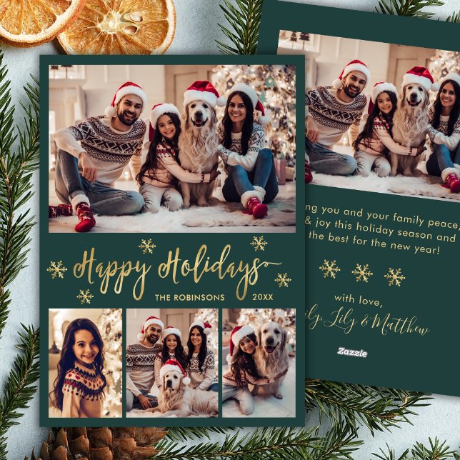 Cartes Pour Fêtes Annuelles Snowflake Green and Gold 5 Photo Collage Happy  (Créateur téléchargé)
