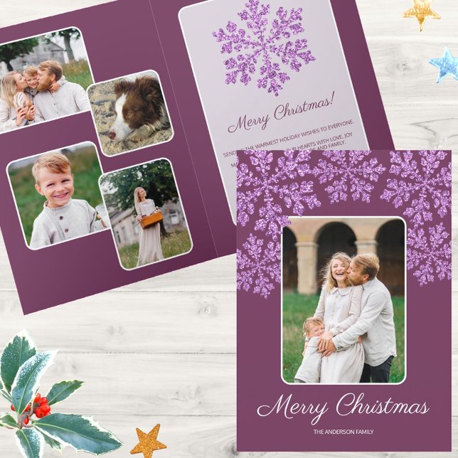 Cartes Pour Fêtes Annuelles Snowflake Plum Bling Script tendance Chic 5 Photo (Deep plum purple and faux purple snowflakes will make your 5 photos Christmas cards SO fun )