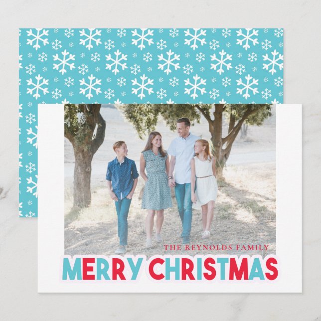 Cartes Pour Fêtes Annuelles Snowflake Turquoise et rouge Joyeux Noël Photo (Devant / Derrière)