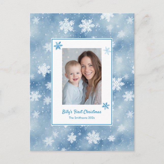 Cartes Pour Fêtes Annuelles Snowflakes Blue Baby Boy Photo First Christmas (Devant)
