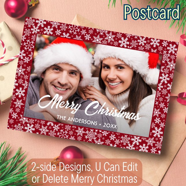 Cartes Pour Fêtes Annuelles Snowflakes Custom Photo Script de Noël Rouge (Créateur téléchargé)