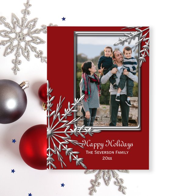 Cartes Pour Fêtes Annuelles Snowflakes en argent sur Red Happy Holidays Photo (Créateur téléchargé)