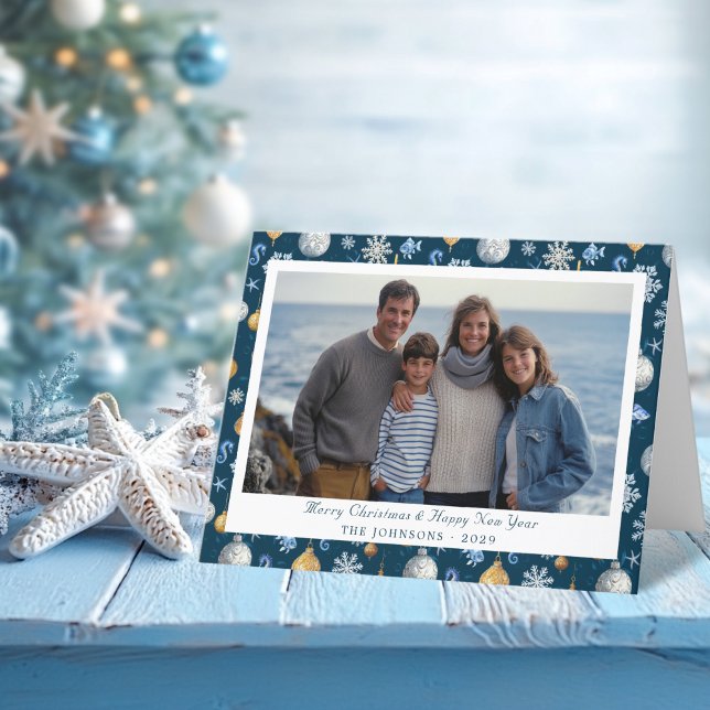 Cartes Pour Fêtes Annuelles Snowflakes et éléments nautiques Photo de Noël (Snowflakes and Nautical Elements Christmas Photo Holiday Card)