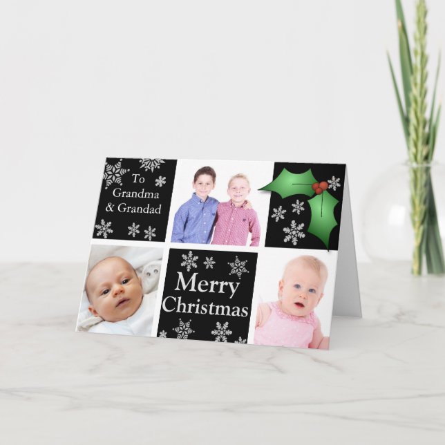 Cartes Pour Fêtes Annuelles Snowflakes et Holly sur Black (Devant)