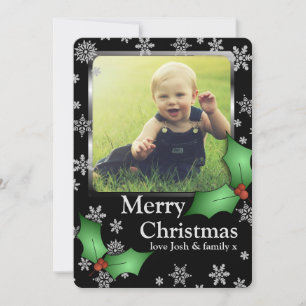 Cartes Pour Fêtes Annuelles Snowflakes et Holly sur Black Photo personnalisée