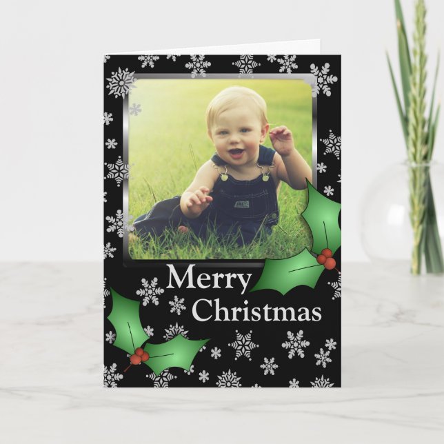 Cartes Pour Fêtes Annuelles Snowflakes et Holly sur Black Photo personnalisée (Devant)