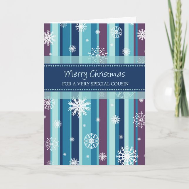 Cartes Pour Fêtes Annuelles Snowflakes et Stripes Cousin Joyeux Noël Card (Devant)