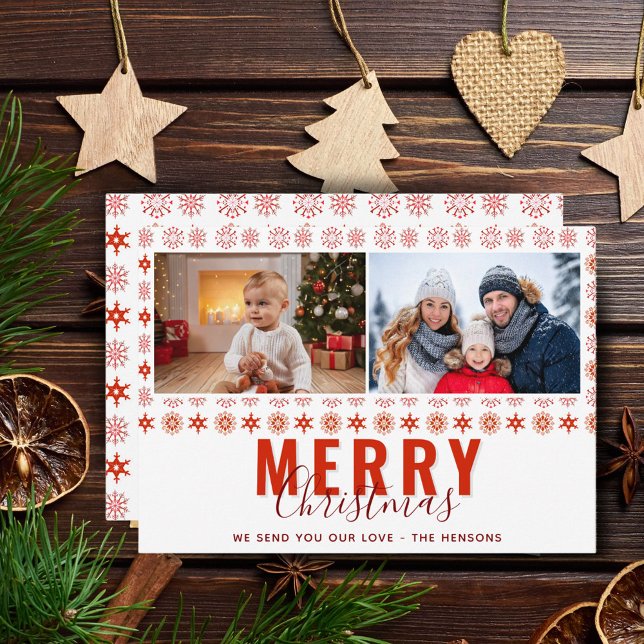 Cartes Pour Fêtes Annuelles Snowflakes Joyeux Noël Script Famille 2 Photo (Créateur téléchargé)