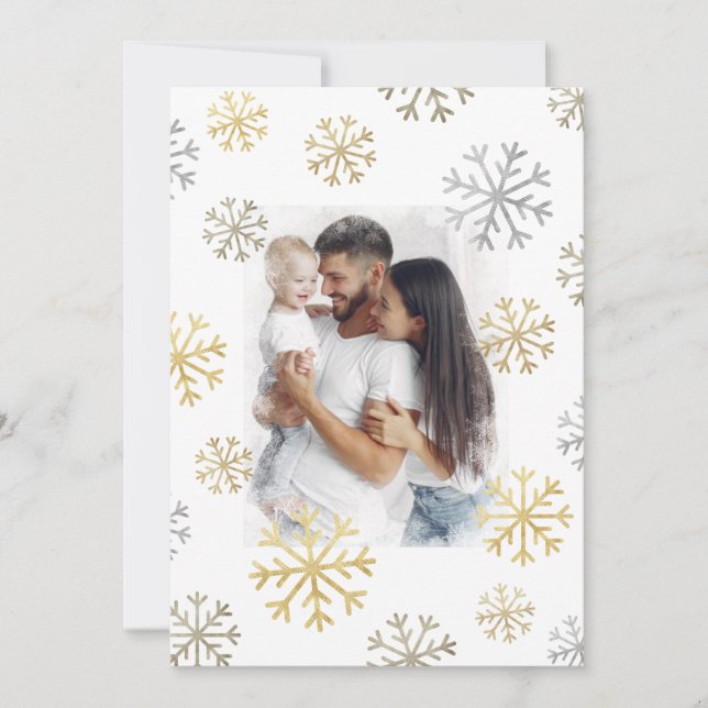 Cartes Pour Fêtes Annuelles Snowflakes Photo Gold Silver Script Noël (Devant)