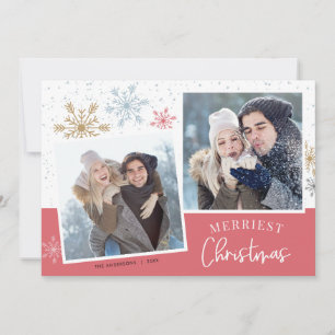 Cartes Pour Fêtes Annuelles Snowflakes Pink Gold 2 Photos Noël