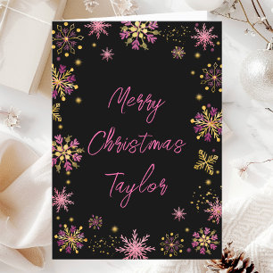Cartes Pour Fêtes Annuelles Snowflakes rose or Joyeux Noël avec nom