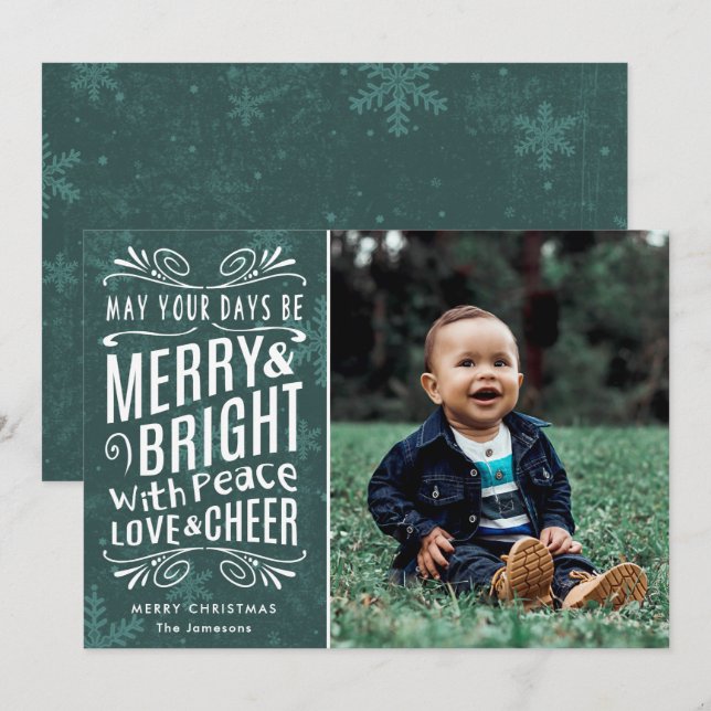 Cartes Pour Fêtes Annuelles Snowflakes rustiques Joyeux et vert vif | Photo (Devant / Derrière)