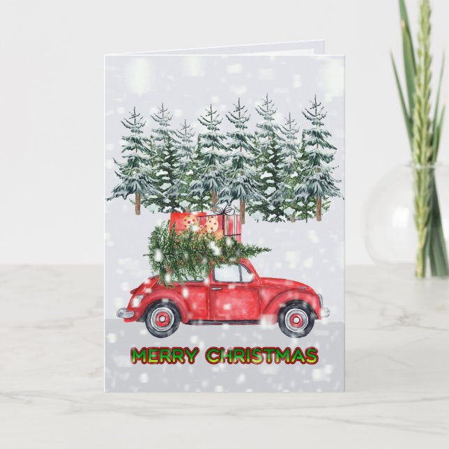 Cartes Pour Fêtes Annuelles Snowing Red Car sapin de Noël Ramenez-le à la mais (Devant)