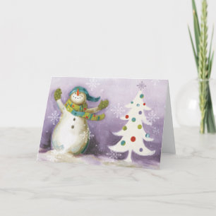Cartes Pour Fêtes Annuelles Snowman avec des mitaines d'hiver et des arbres de