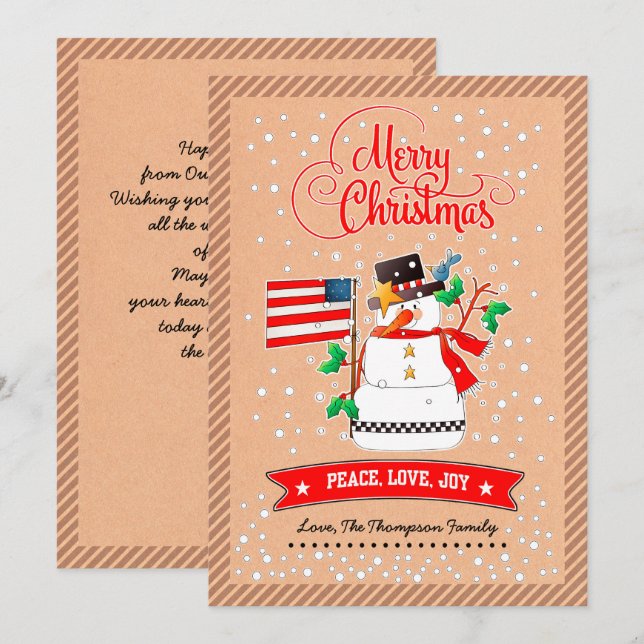 Cartes Pour Fêtes Annuelles Snowman avec drapeau américain Kraft Papier Noël (Devant / Derrière)