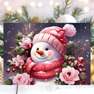 Cartes Pour Fêtes Annuelles Snowman avec Roses roses roses Noël