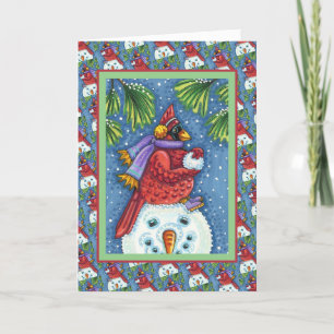 CARTES POUR FÊTES ANNUELLES SNOWMAN BODYGUARD, CHRISTMAS CARDINAL REDBIRD