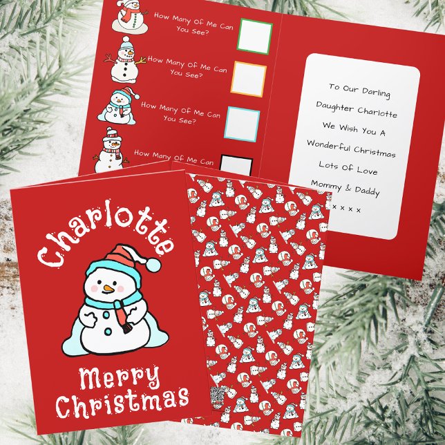 Cartes Pour Fêtes Annuelles Snowman De Noël Avec Nom | Filles Activité rouge (Front, Back And Inside)