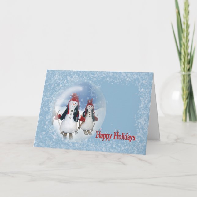 Cartes Pour Fêtes Annuelles Snowman de Noël Ski (Devant)