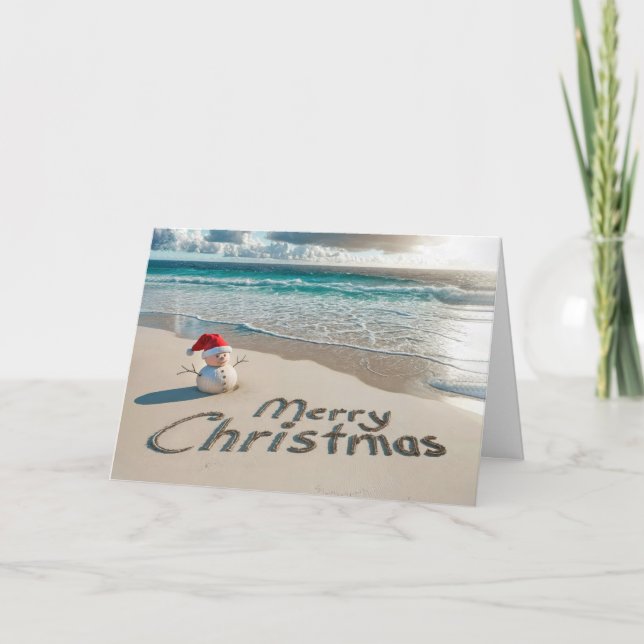 Cartes Pour Fêtes Annuelles Snowman de Noël tropical sur une plage (Devant)