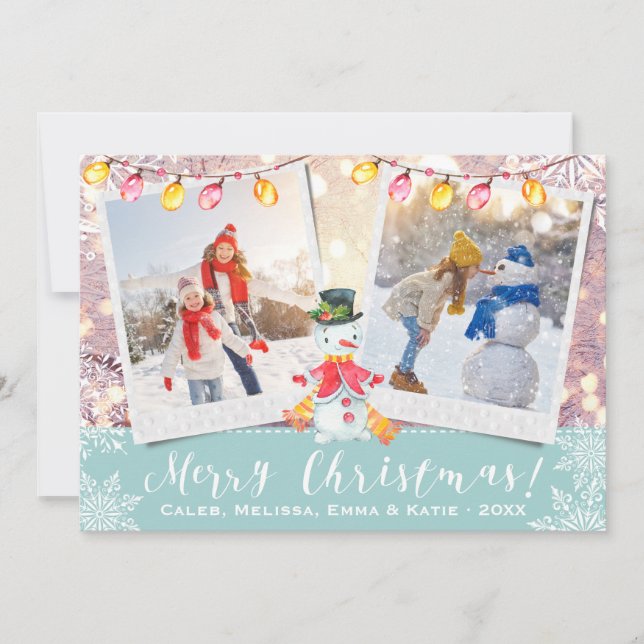 Cartes Pour Fêtes Annuelles Snowman de vacances personnalisé 2 photos | Bleu g (Devant)