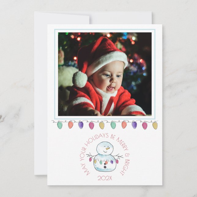 Cartes Pour Fêtes Annuelles Snowman et lumières avec photo (Devant)