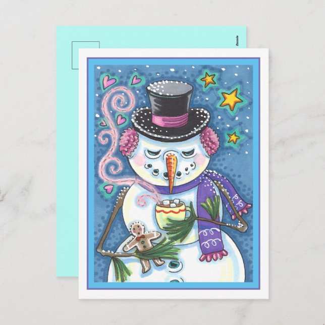 CARTES POUR FÊTES ANNUELLES SNOWMAN, GINGERPREAD MAN & MUG OF CHOCOLAT CHAUD (Devant / Derrière)