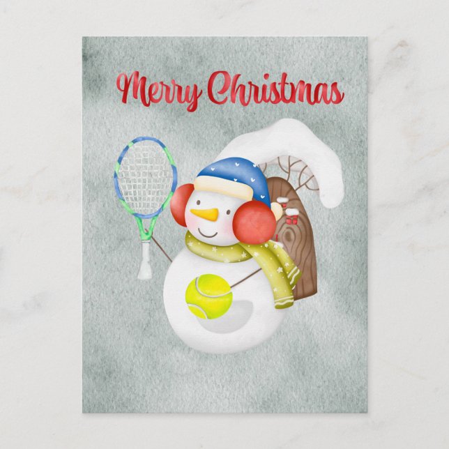 Cartes Pour Fêtes Annuelles Snowman jouer tennis Noël aquarelle (Devant)
