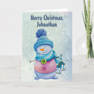 Cartes Pour Fêtes Annuelles Snowman mignon tenant des cloches de Noël, neige