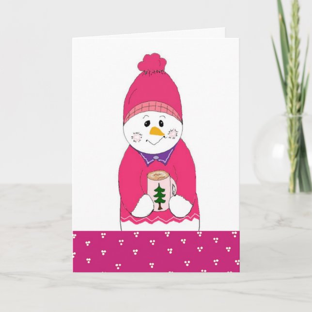 Cartes Pour Fêtes Annuelles Snowman rose givré avec chocolat chaud (Devant)