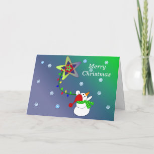 Cartes Pour Fêtes Annuelles Snowman tenant une chaîne de lumières