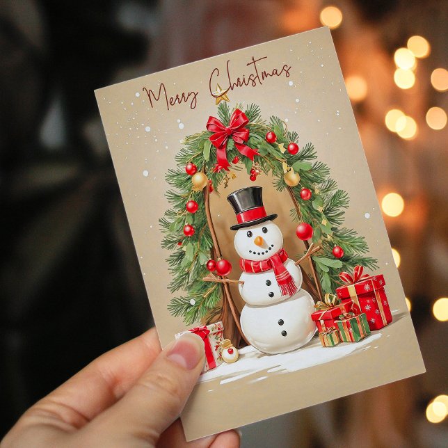 Cartes Pour Fêtes Annuelles Snowman Whimsical Sous Festive Wreath voiture de v (Créateur téléchargé)