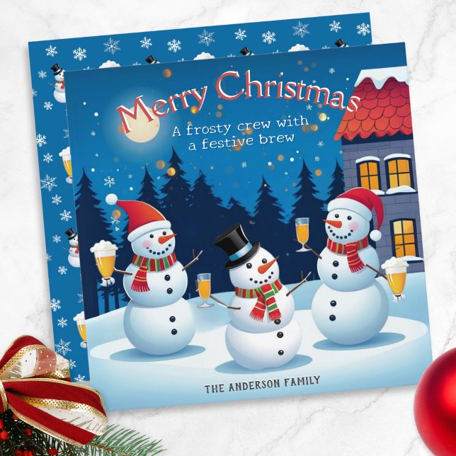 Cartes Pour Fêtes Annuelles Snowmen Avec Boissons Frosty Joyeux Noël (A colorful personalized Christmas card, with a picture of three snowmen enjoying Christmas drinks)