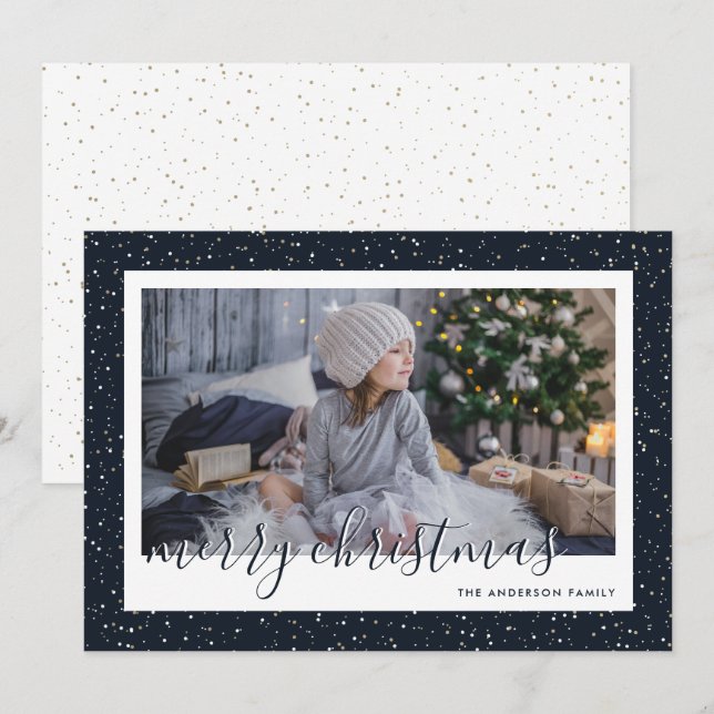 Cartes Pour Fêtes Annuelles Snowy Blue Gold Family Photo Joyeux Noël (Devant / Derrière)